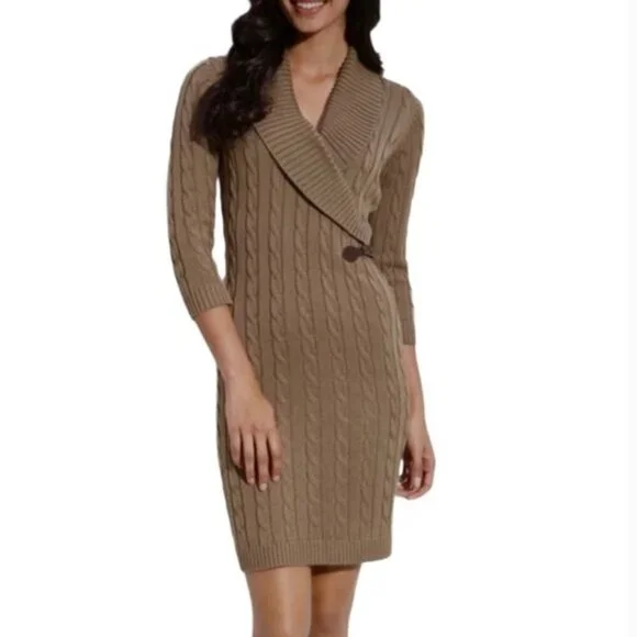 brown wrap sweater dress Women's Feels Like Now Mocha Brown Ribbed Knit Sweater Mini Dress | Size: L main image 1